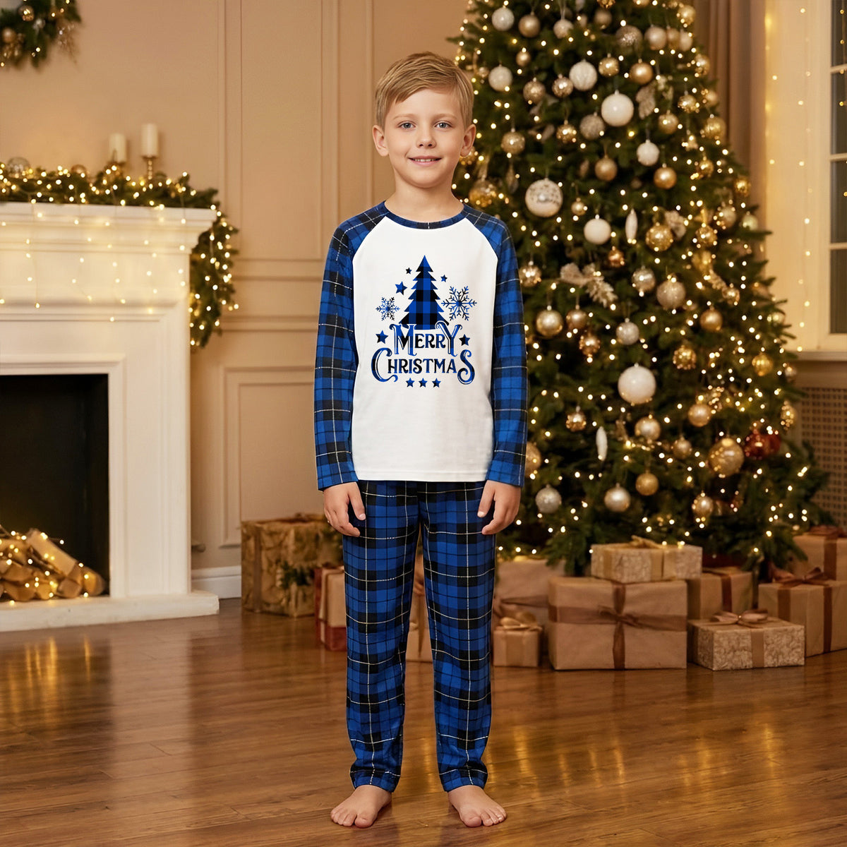 Matching Christmas Pajamas for Photos Blue Plaid Tree Print Christmas Long Sleeve Pajamas CHP-100