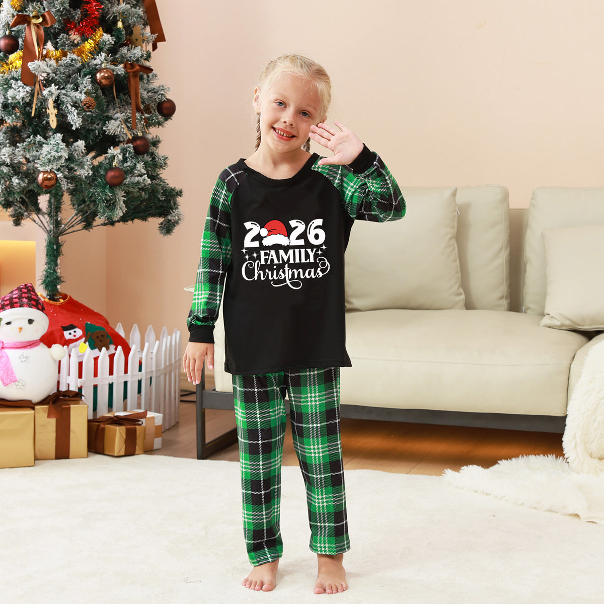 Xmas Pajamas Santa Hat Green Plaid Set Christmas Lounge Set CHP-13
