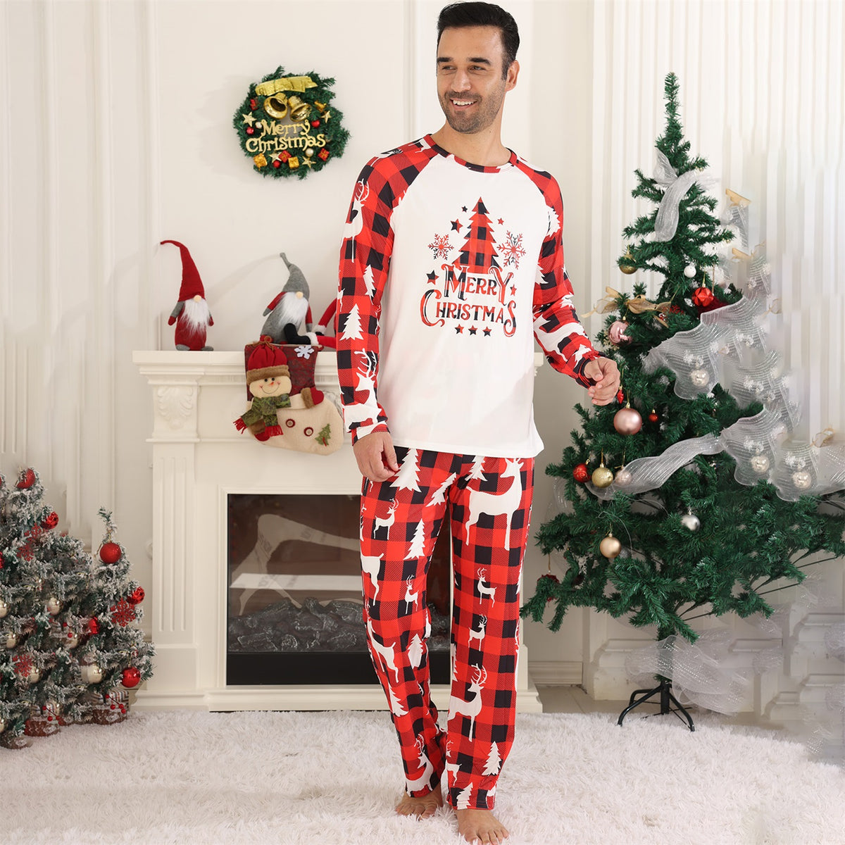 Red Plaid Christmas Pajamas Buffalo Plaid Reindeer Print Christmas Long Sleeve Pajamas CHP-80
