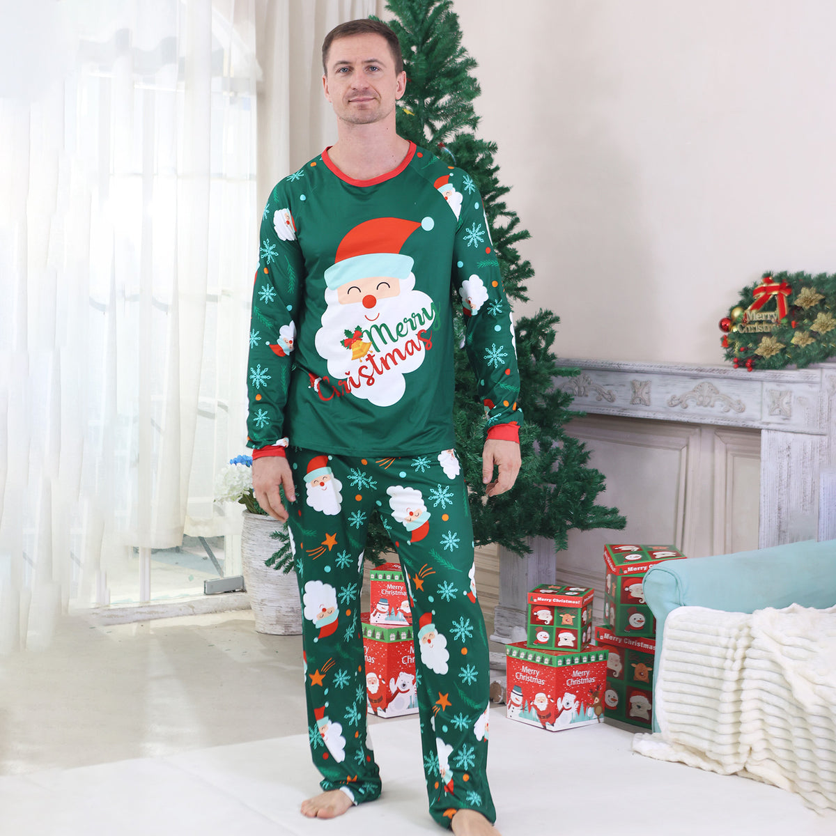 Christmas Family Photo Outfits Green Santa Snowflake Allover Print Holiday Matching Pajamas CHP-90
