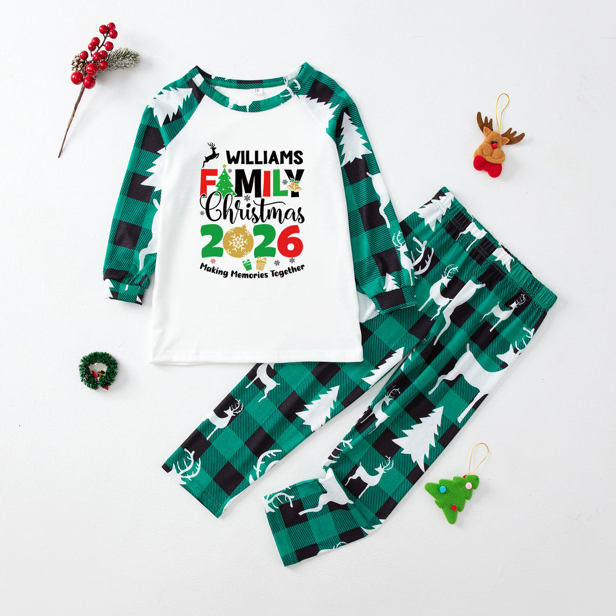 Matching Christmas Pajamas Green Reindeer Print Christmas Plaid Pajamas CHP-6