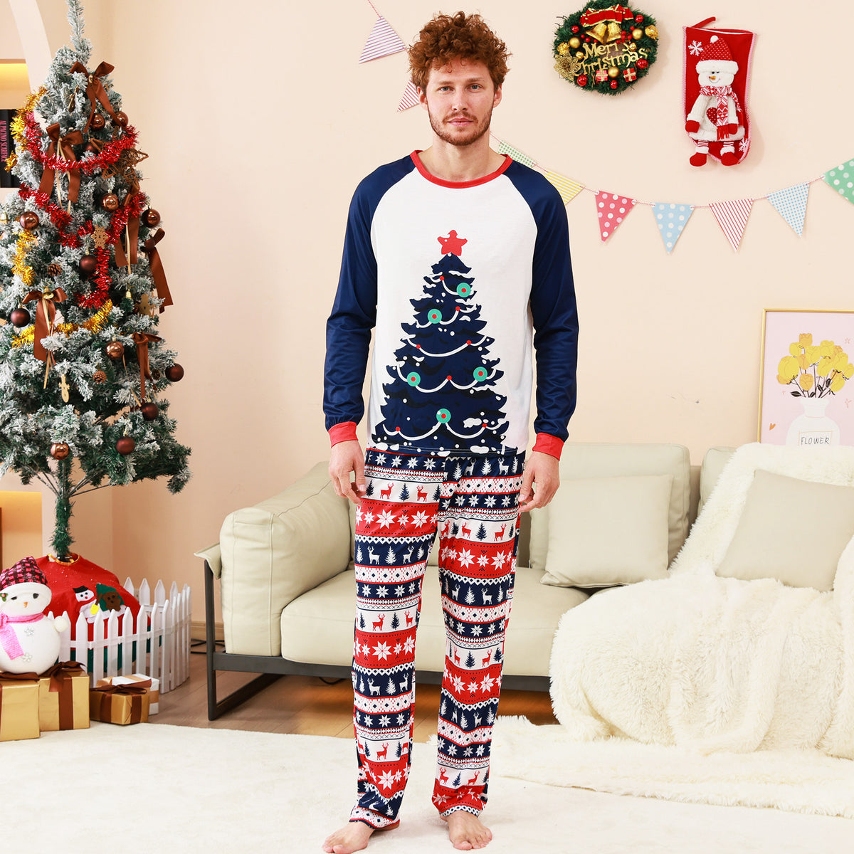 Matching Christmas PJs Navy Tree Fair Isle Print Dad and Kids Christmas Pajamas CHP-88