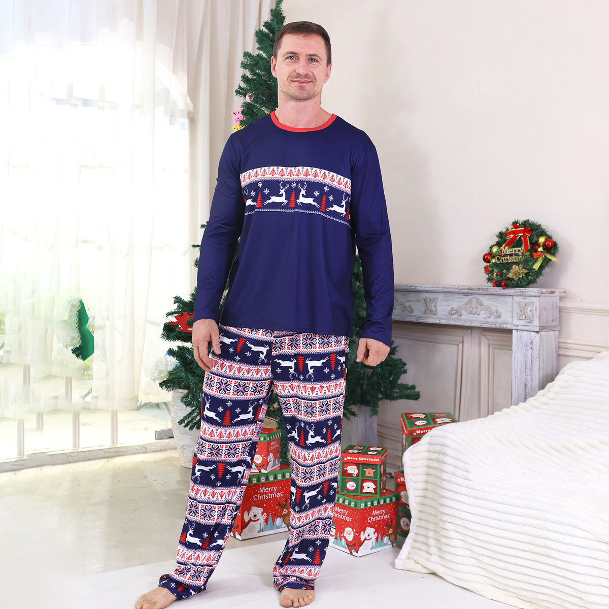 Dad and Kids Christmas Pajamas Navy Reindeer Fair Isle Pattern Matching Christmas PJs CHP-99