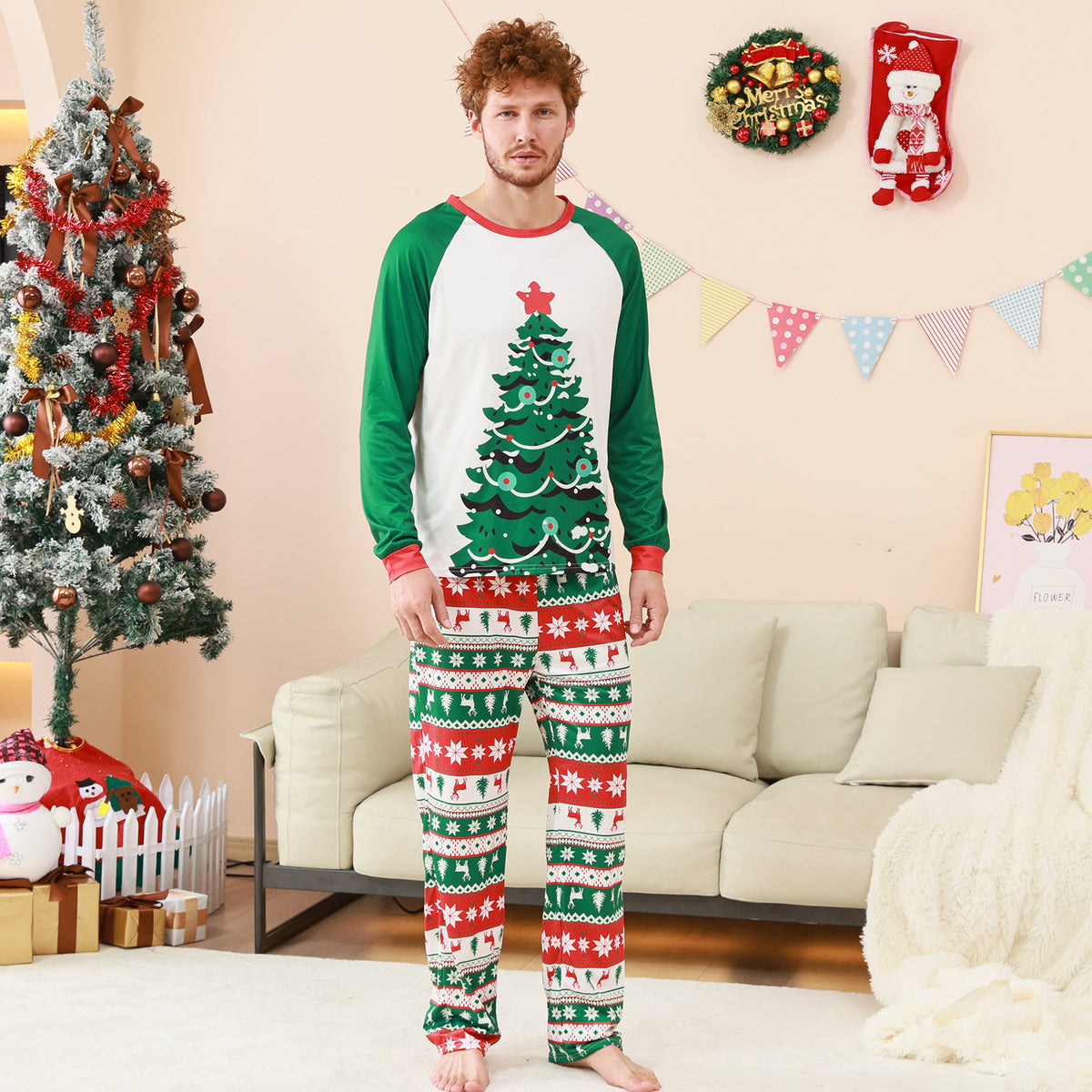 Family Christmas Pajamas Tree Fair Isle Print Matching Christmas Pajamas for Photos CHP-84