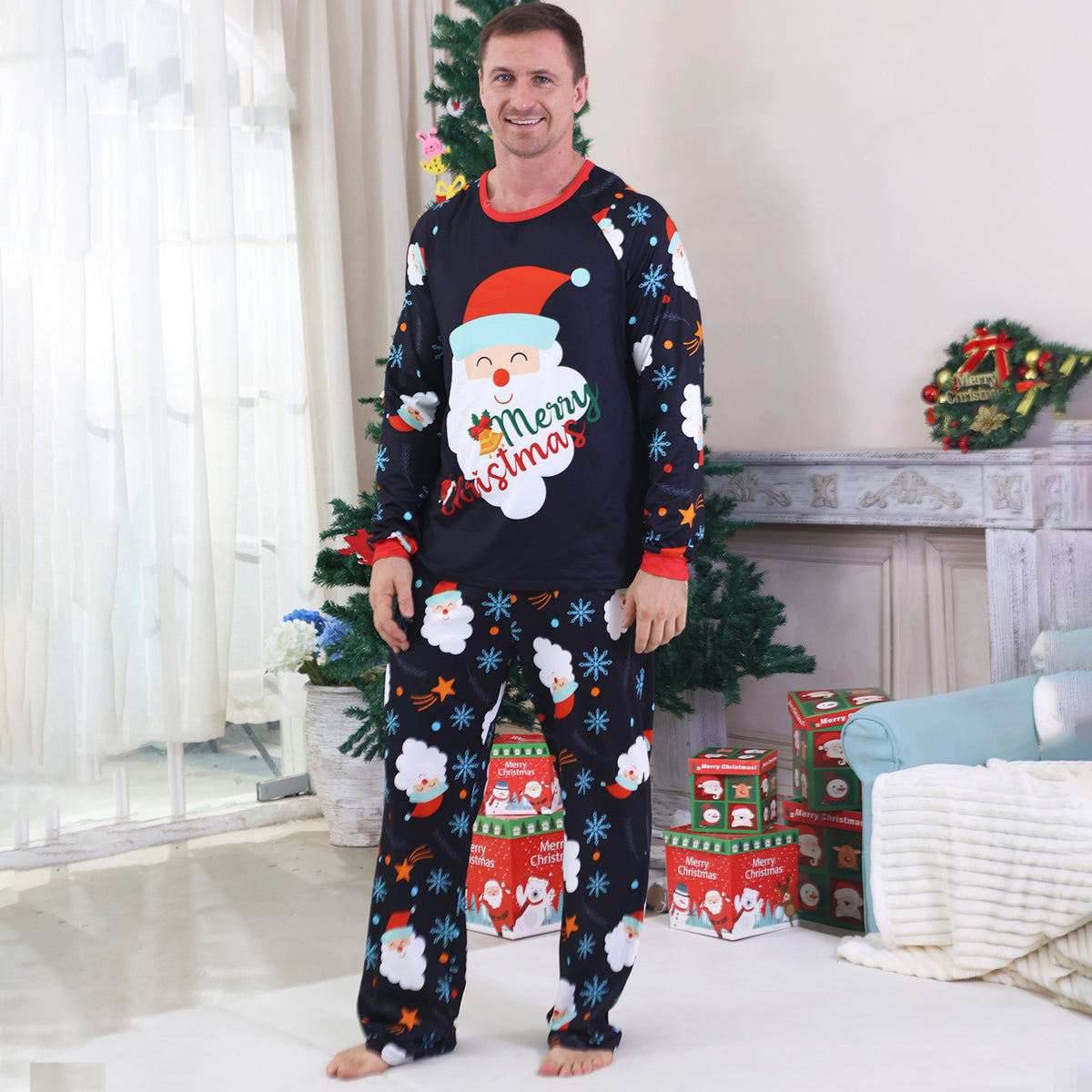 Christmas Pajama Set Navy Santa Snowflake Allover Print Matching Christmas Pajamas for Photos CHP-92