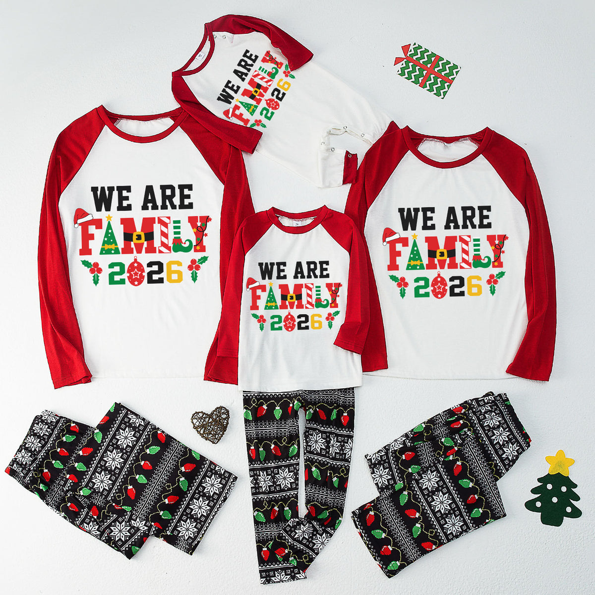 Christmas Pajamas We Are Family 2026 Festive Lettering Santa Hat Matching Family Sleepwear CHP-132