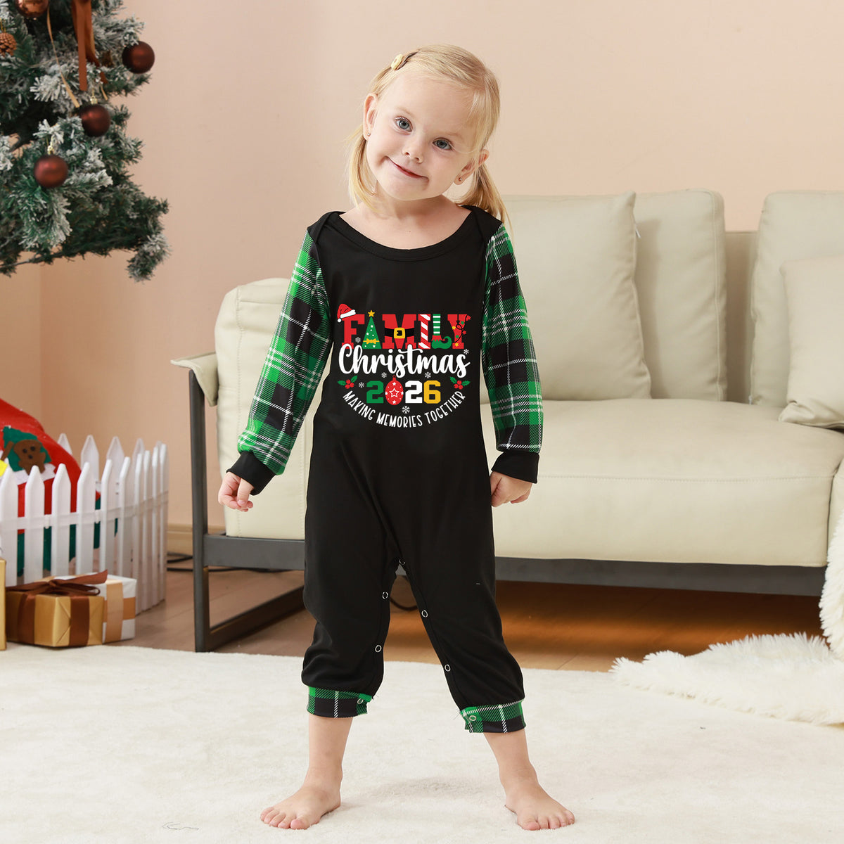 Christmas Thermal Pajamas Festive Letter Print Green Plaid Christmas PJs CHP-16