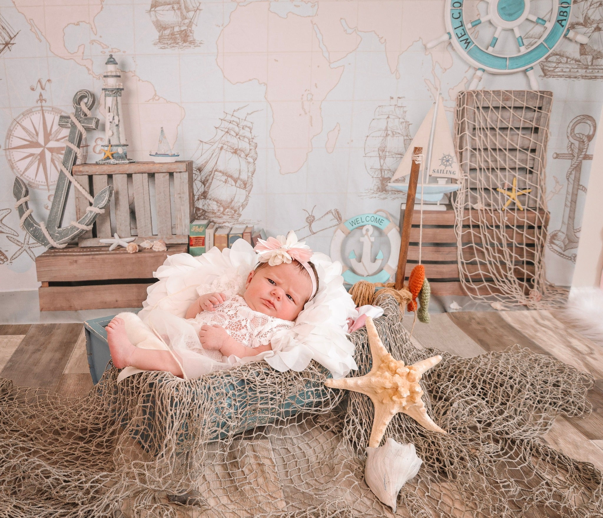 Newborn Backdrop Nautical Map Ships Helm Decor Kids Photo Backdrop MRR9-82