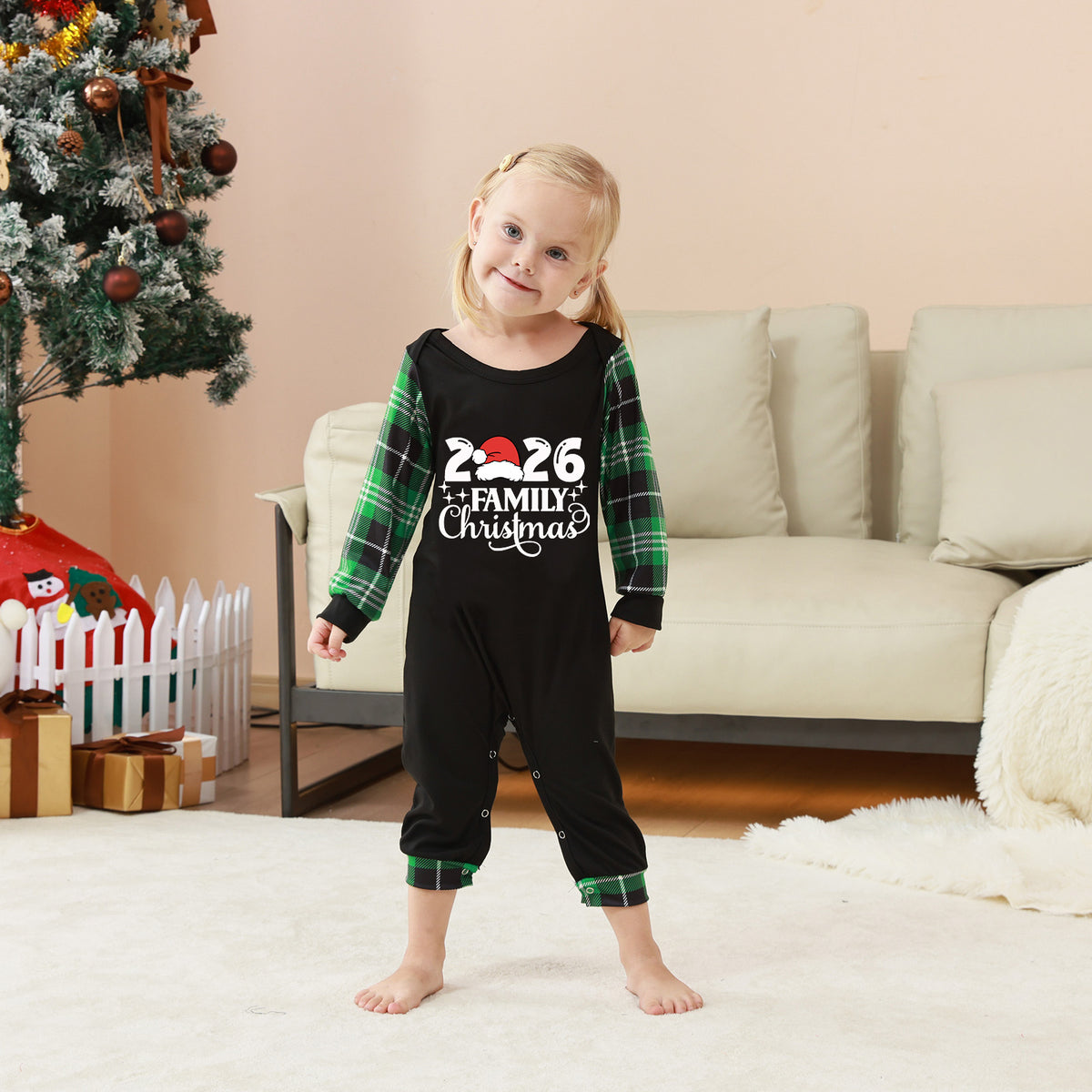 Xmas Pajamas Santa Hat Green Plaid Set Christmas Lounge Set CHP-13