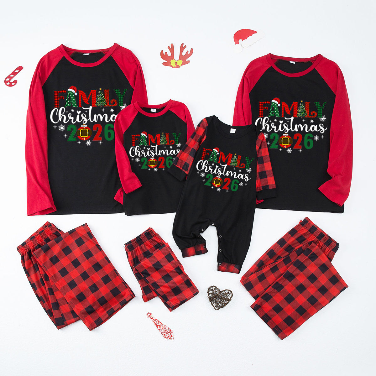 Christmas Pajama Set Snowflake Ornament Typography Red Plaid Christmas Pajamas CHP-44