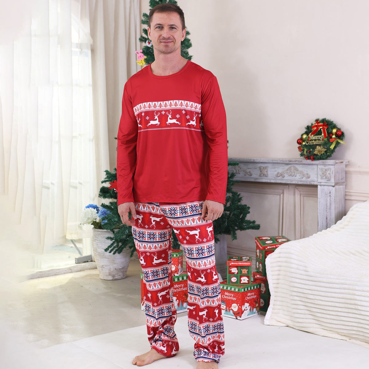 Mommy and Me Christmas Pajamas Red Reindeer Fair Isle Pattern Christmas Pajamas for Family Photos CHP-98
