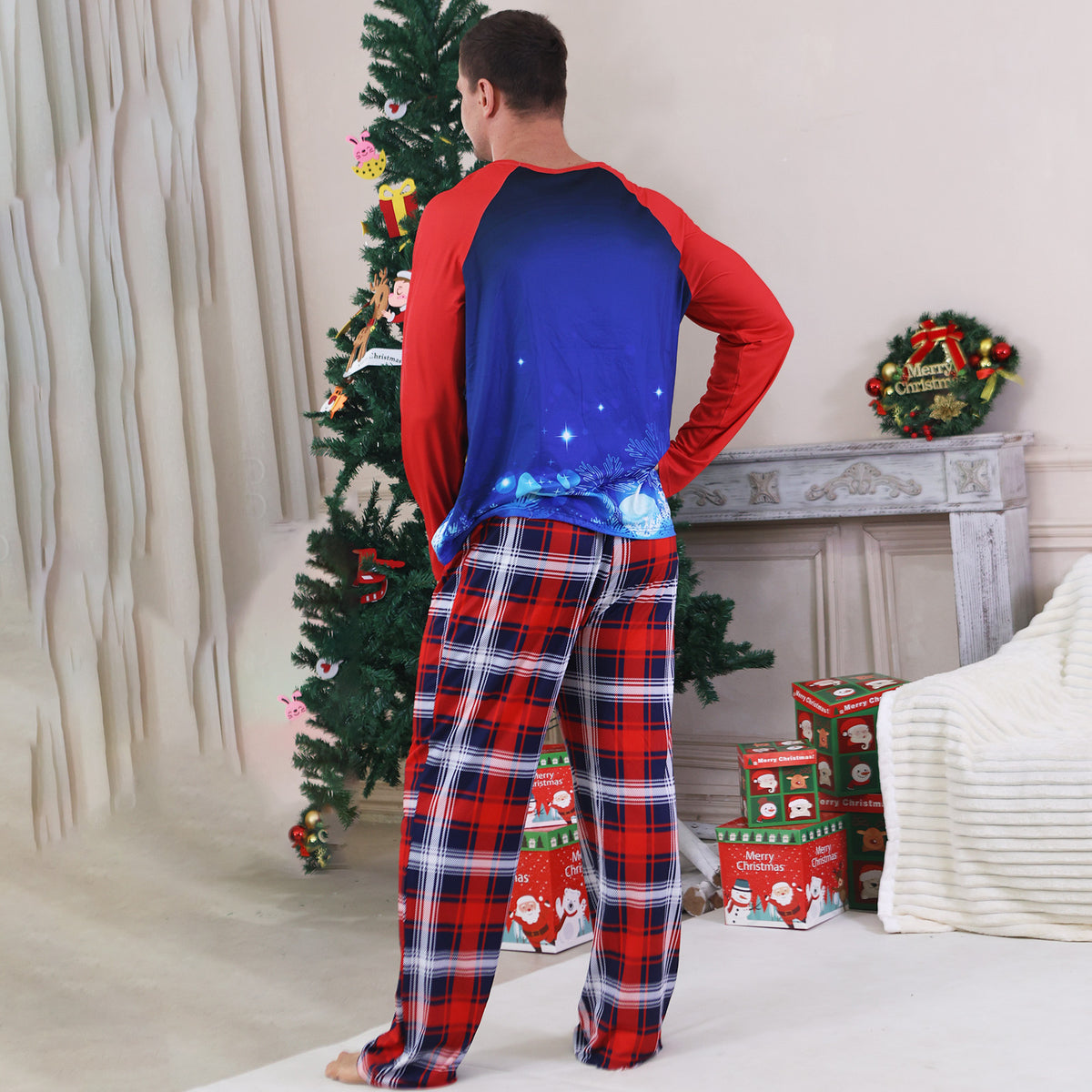 Christmas Morning Pajamas Blue Reindeer Snowflake Plaid Print Christmas Family Photoshoot Outfits CHP-96