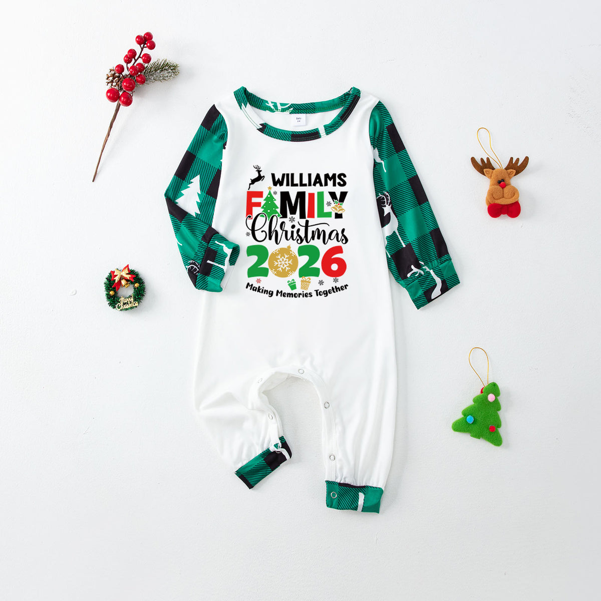 Matching Christmas Pajamas Green Reindeer Print Christmas Plaid Pajamas CHP-6
