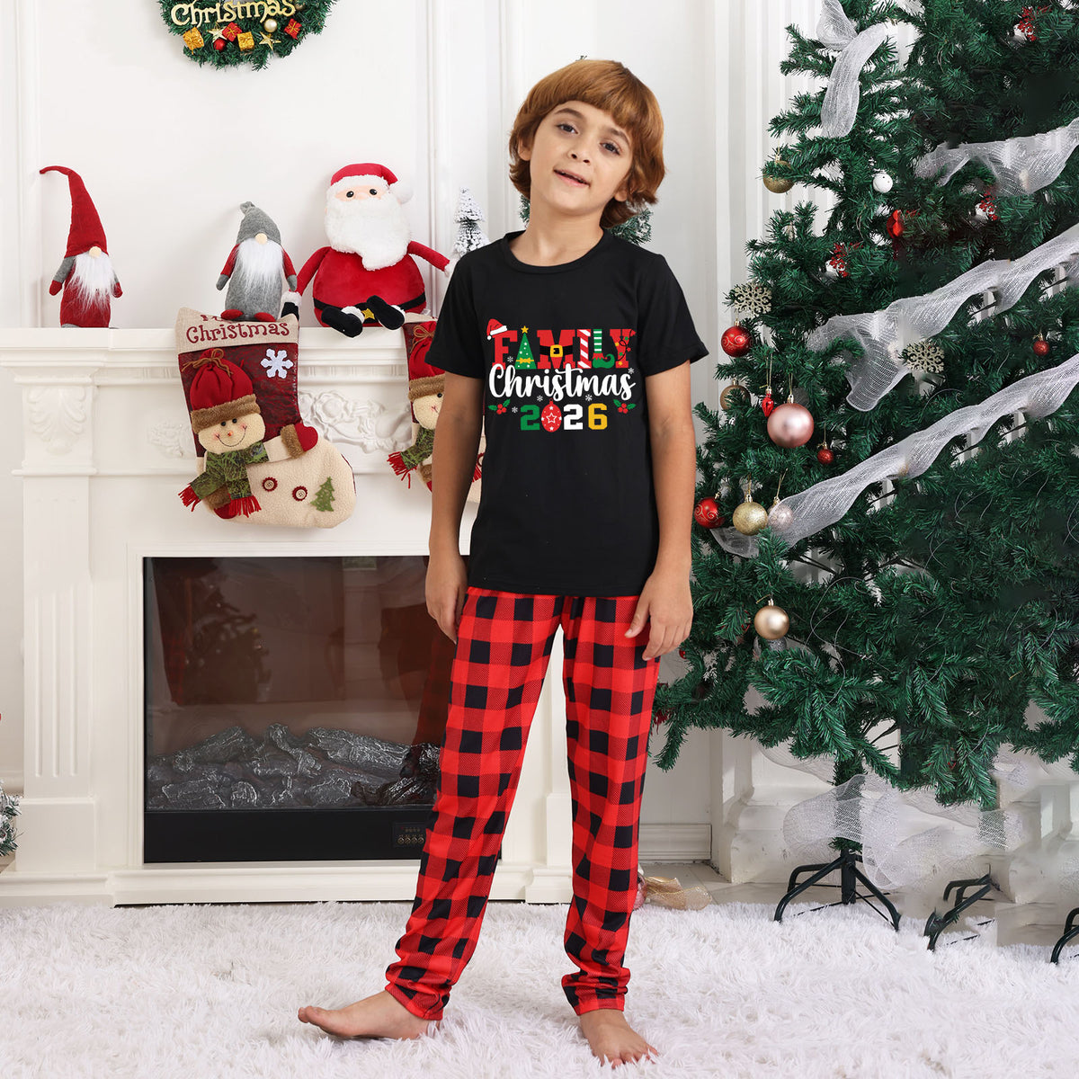 Matching Christmas Pajamas for Photos Santa Hat Festive Lettering Christmas Pajama Set CHP-35
