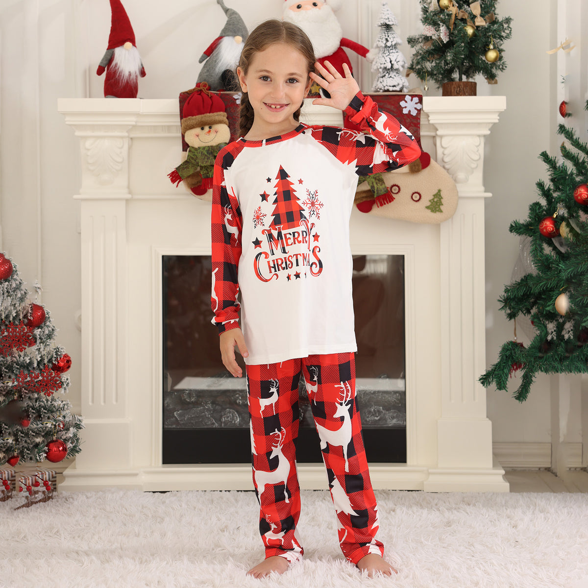 Red Plaid Christmas Pajamas Buffalo Plaid Reindeer Print Christmas Long Sleeve Pajamas CHP-80