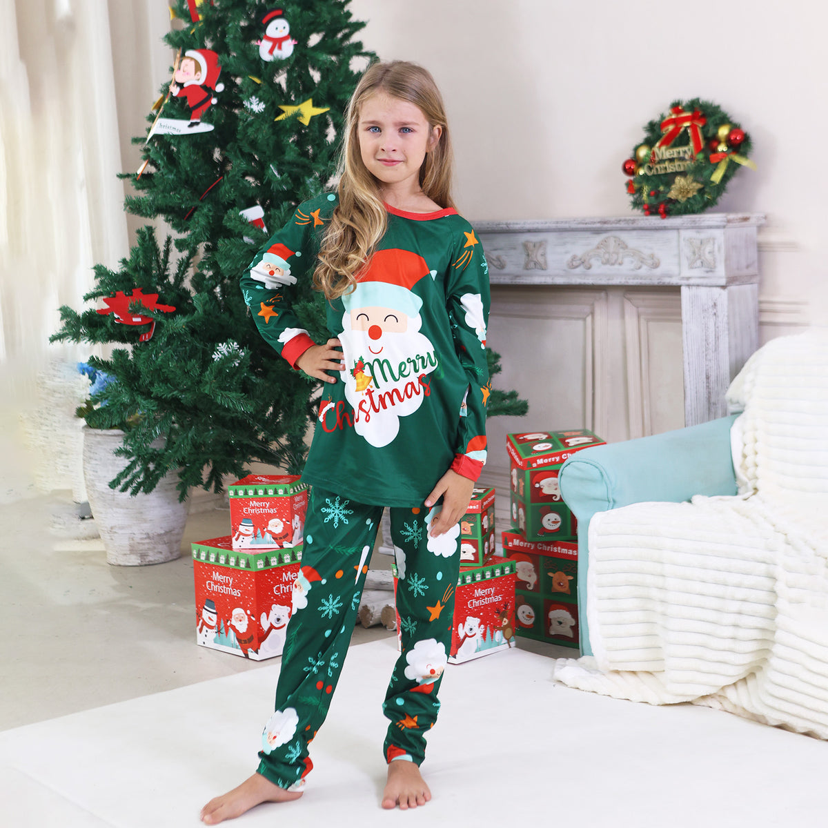 Christmas Family Photo Outfits Green Santa Snowflake Allover Print Holiday Matching Pajamas CHP-90