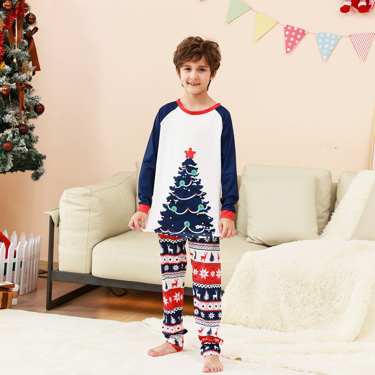 Matching Christmas PJs Navy Tree Fair Isle Print Dad and Kids Christmas Pajamas CHP-88