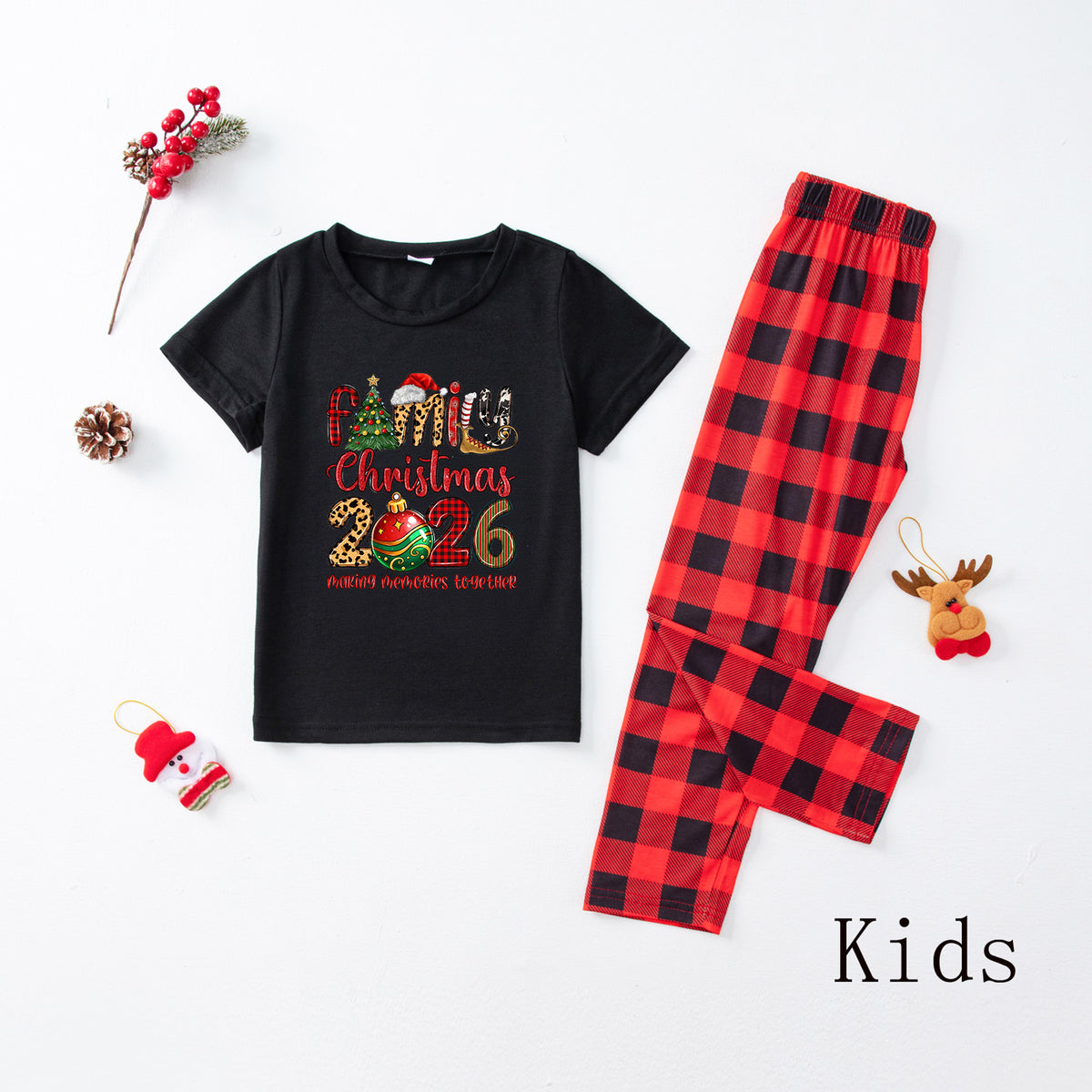 Dad and Kids Christmas Pajamas Santa Hat Tree Typography Christmas Family Photo Outfits CHP-39