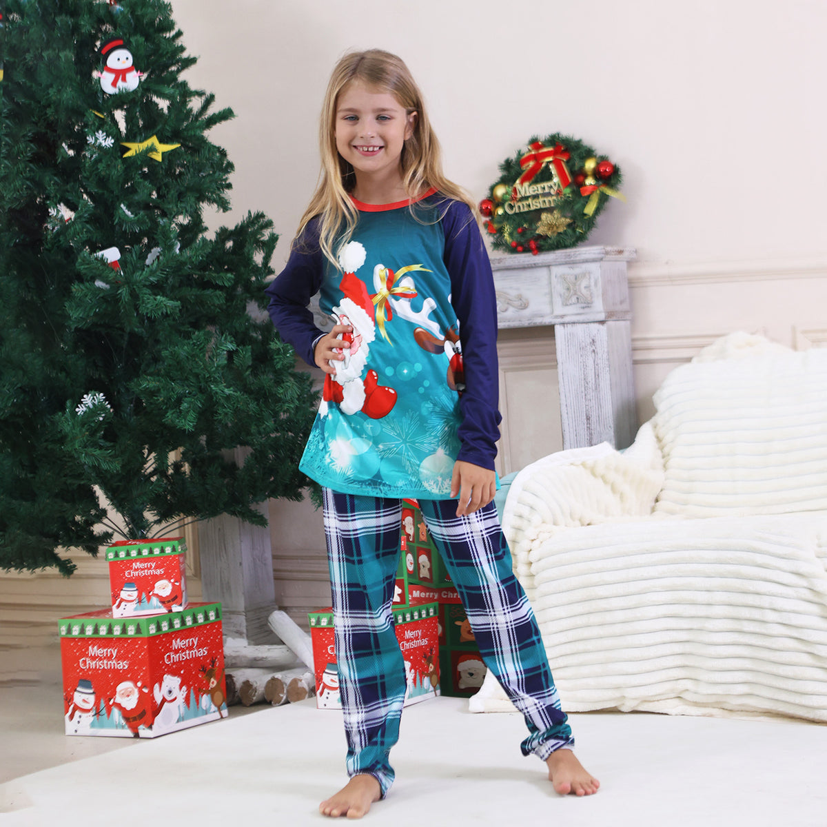 Holiday Matching Pajamas Santa Hat Reindeer Teal Plaid Print Christmas Family Photo Outfits CHP-97