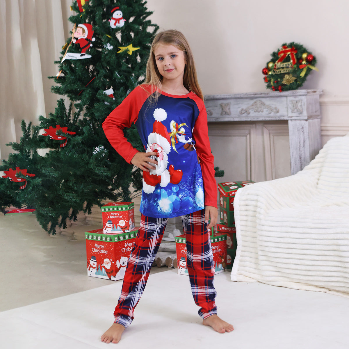 Christmas Morning Pajamas Blue Reindeer Snowflake Plaid Print Christmas Family Photoshoot Outfits CHP-96