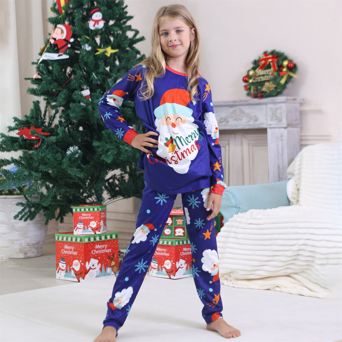 Christmas Family Photoshoot Outfits Royal Blue Santa Snowflake Allover Print Christmas Pajamas CHP-91