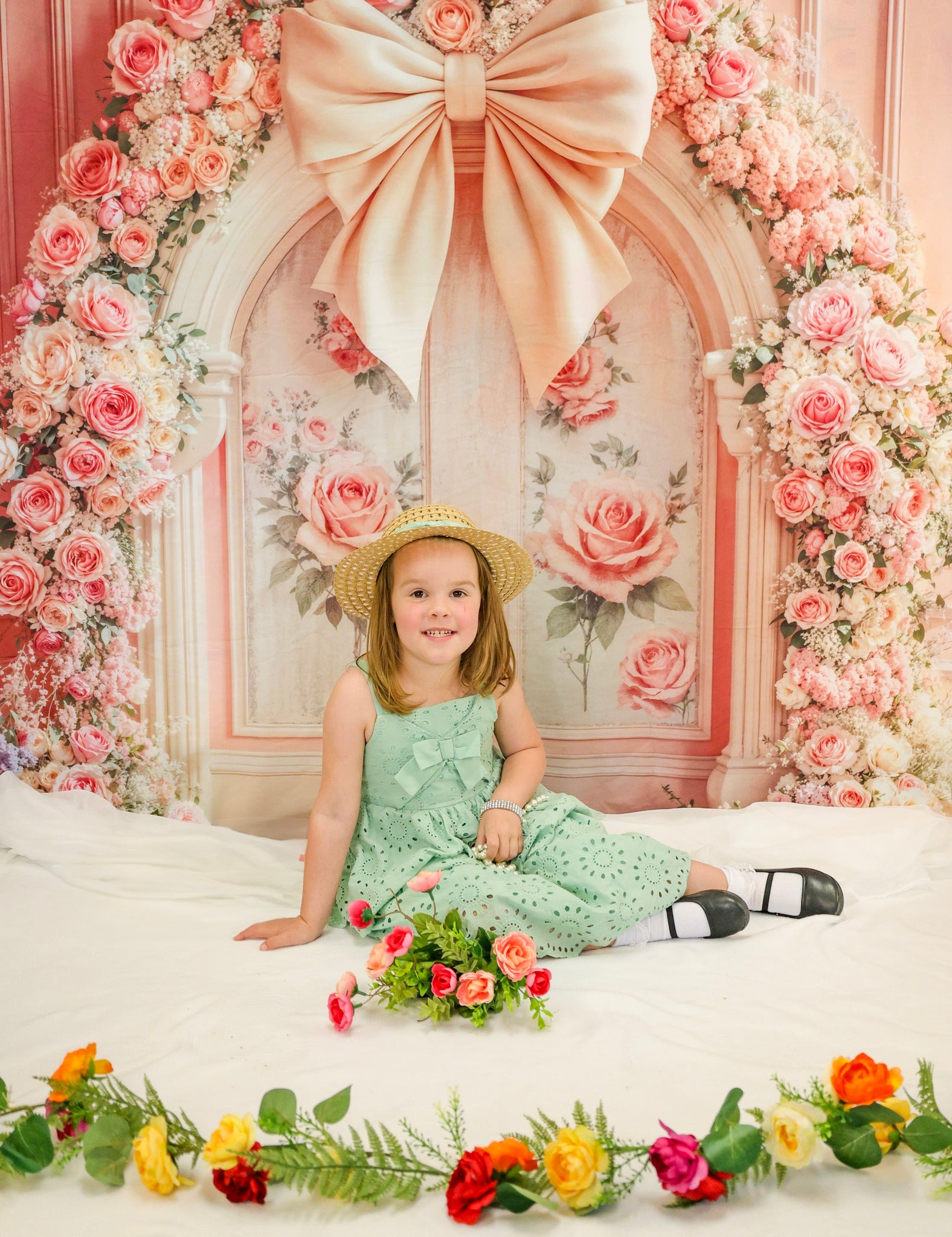 Flower Wall Backdrop Pink Roses Floral Bow Arch Vintage Wall Backdrop MRR9-84