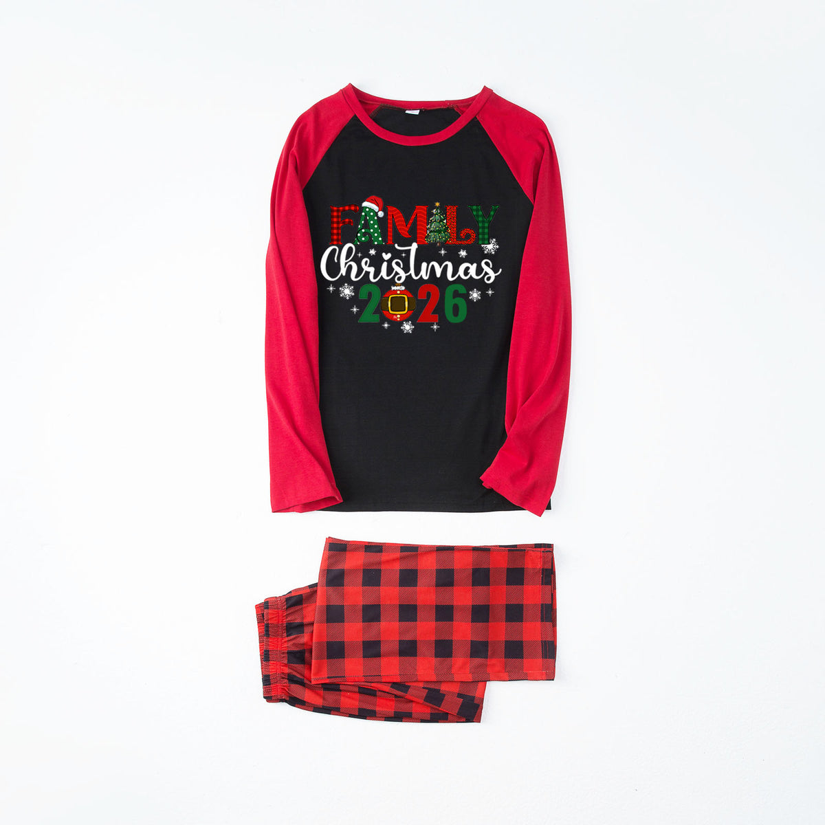 Christmas Pajama Set Snowflake Ornament Typography Red Plaid Christmas Pajamas CHP-44