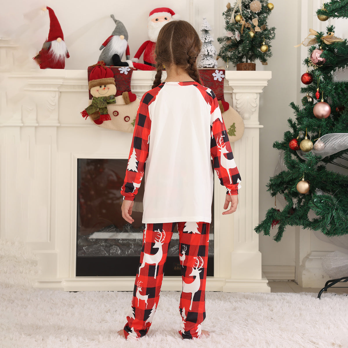 Red Plaid Christmas Pajamas Buffalo Plaid Reindeer Print Christmas Long Sleeve Pajamas CHP-80