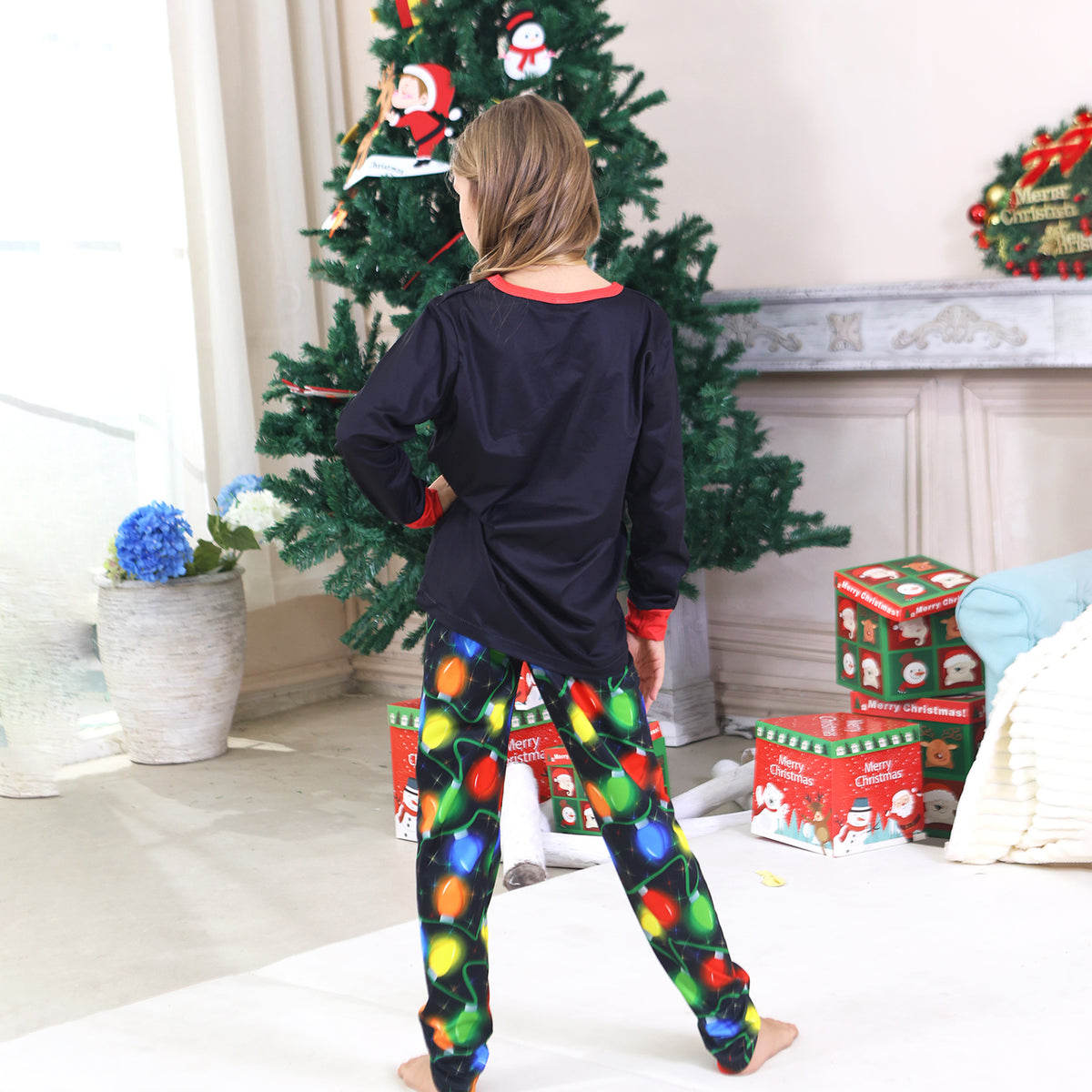 Matching Christmas Pajamas for Photos Colorful Light Bulb Print Christmas Pajama Photoshoot CHP-95