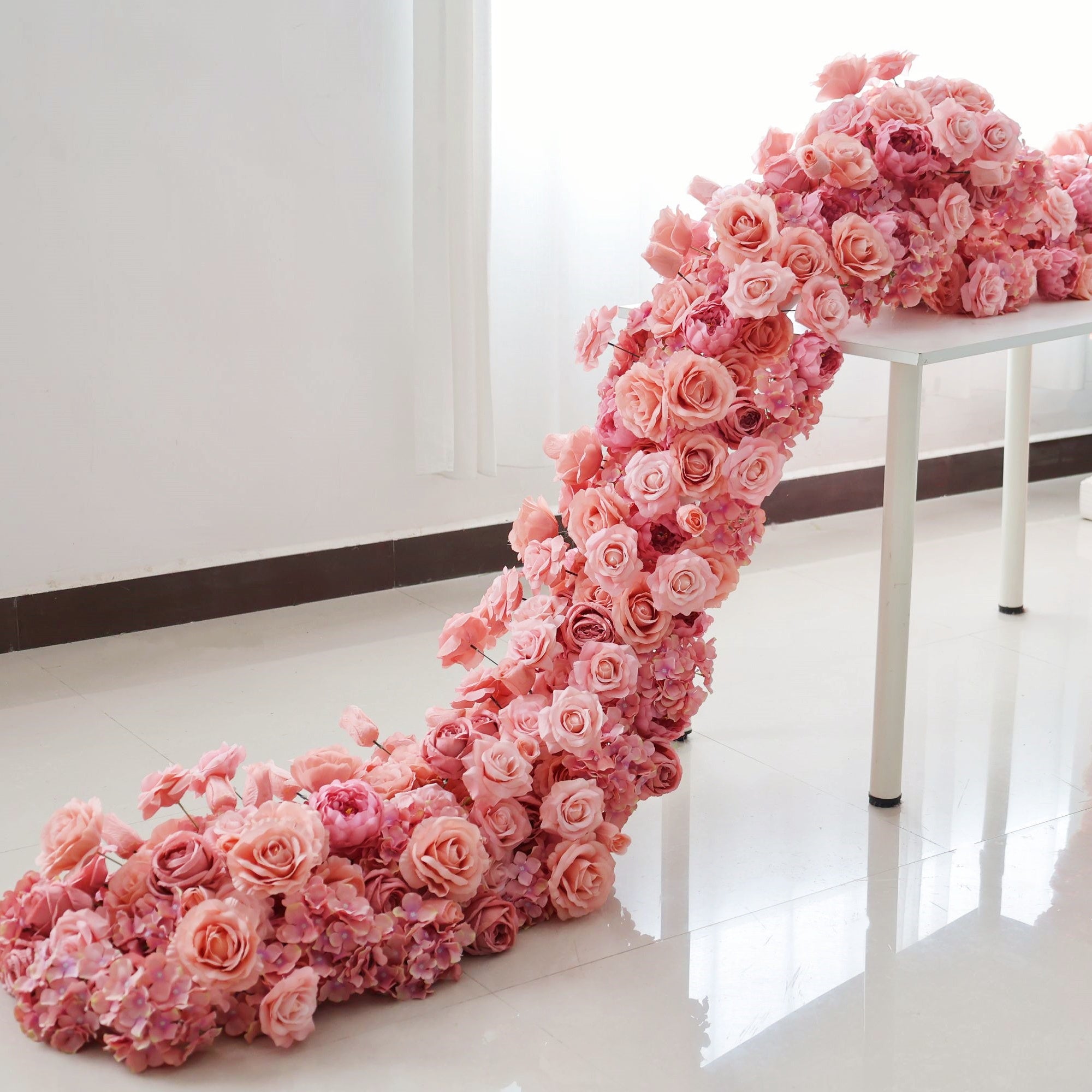 Pink Artificial Rose Flower Runner Wedding Table Decor AAFR-001