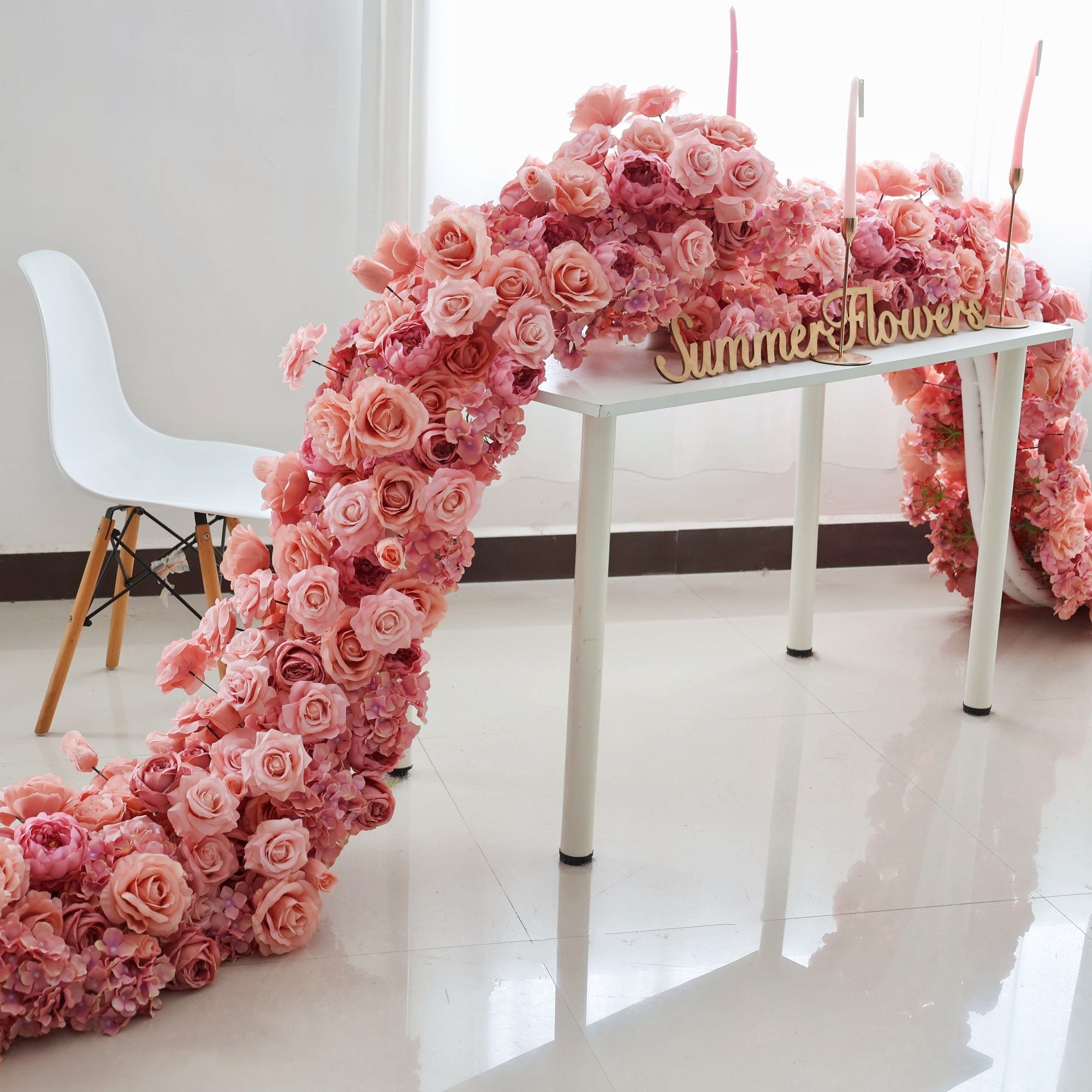 Pink Artificial Rose Flower Runner Wedding Table Decor AAFR-001