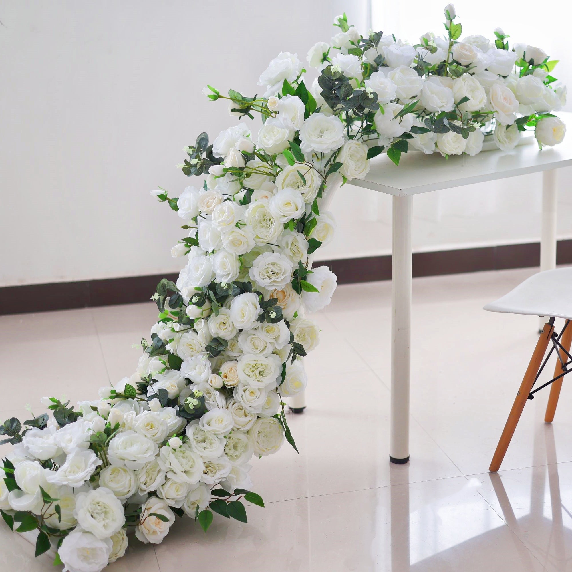 White Rose with Green Leaves Flower Runner Wedding Table Decor AAFR-010