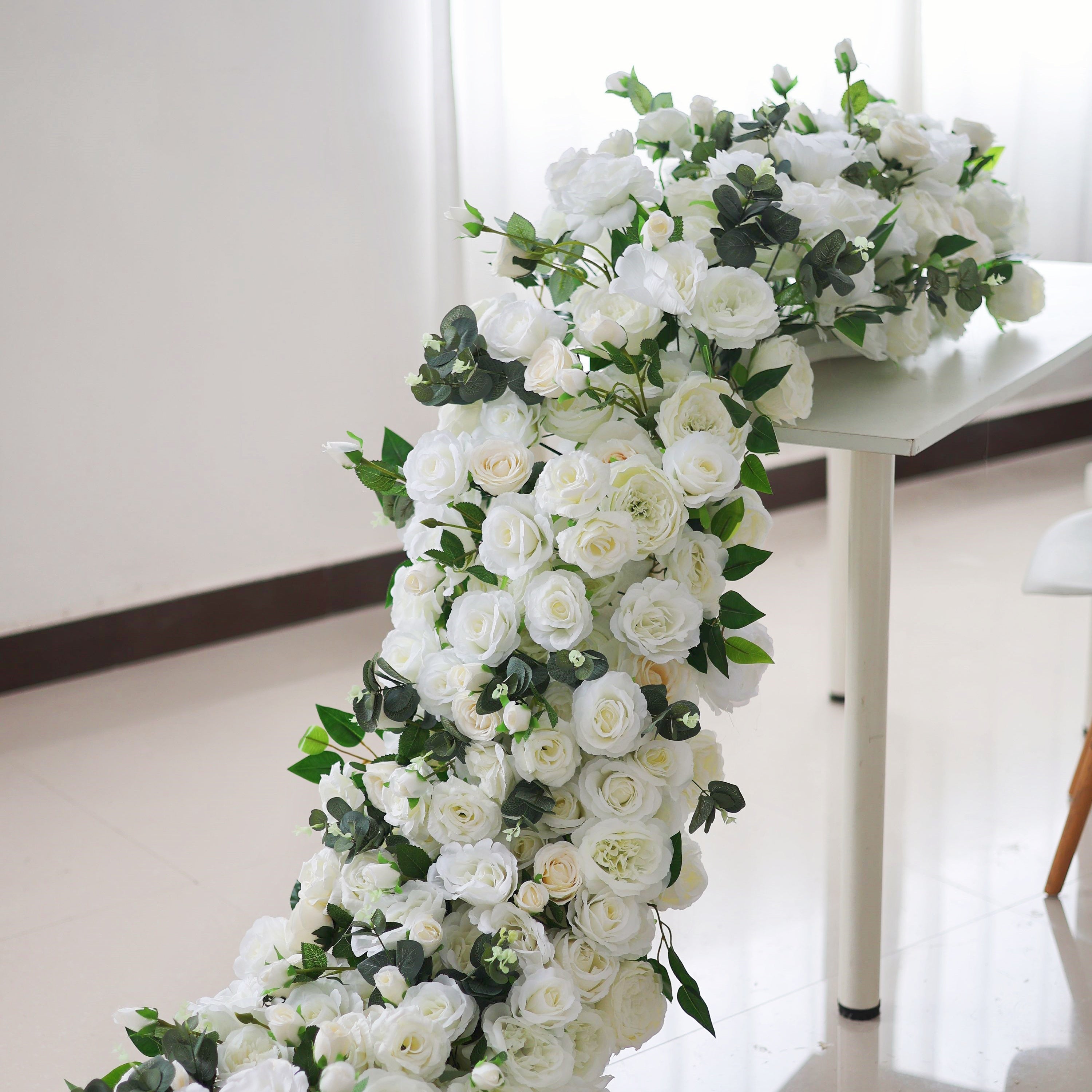 White Rose with Green Leaves Flower Runner Wedding Table Decor AAFR-010