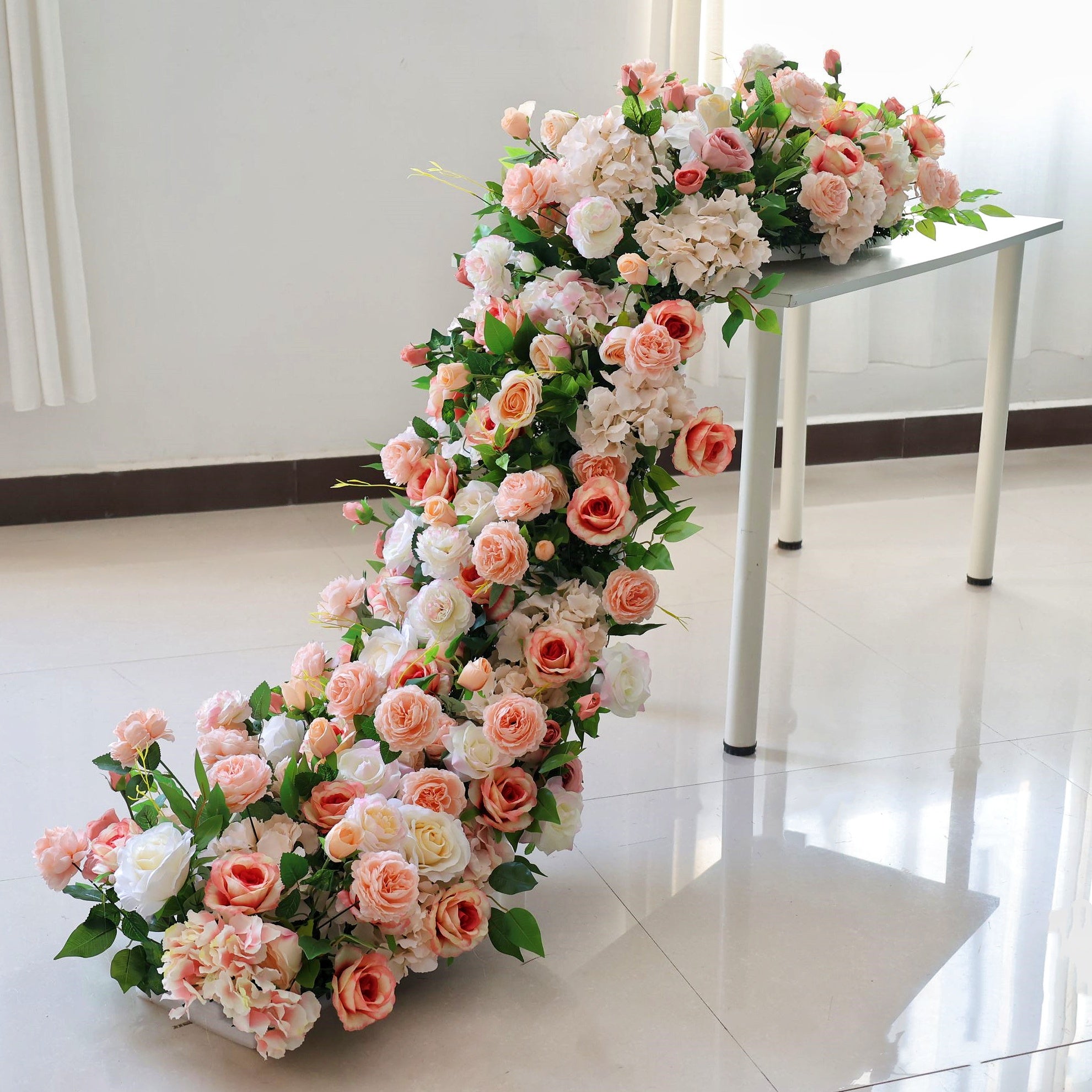 Handmade Pink Mixed Silk Flowers Wedding Table Runner Decor AAFR-066