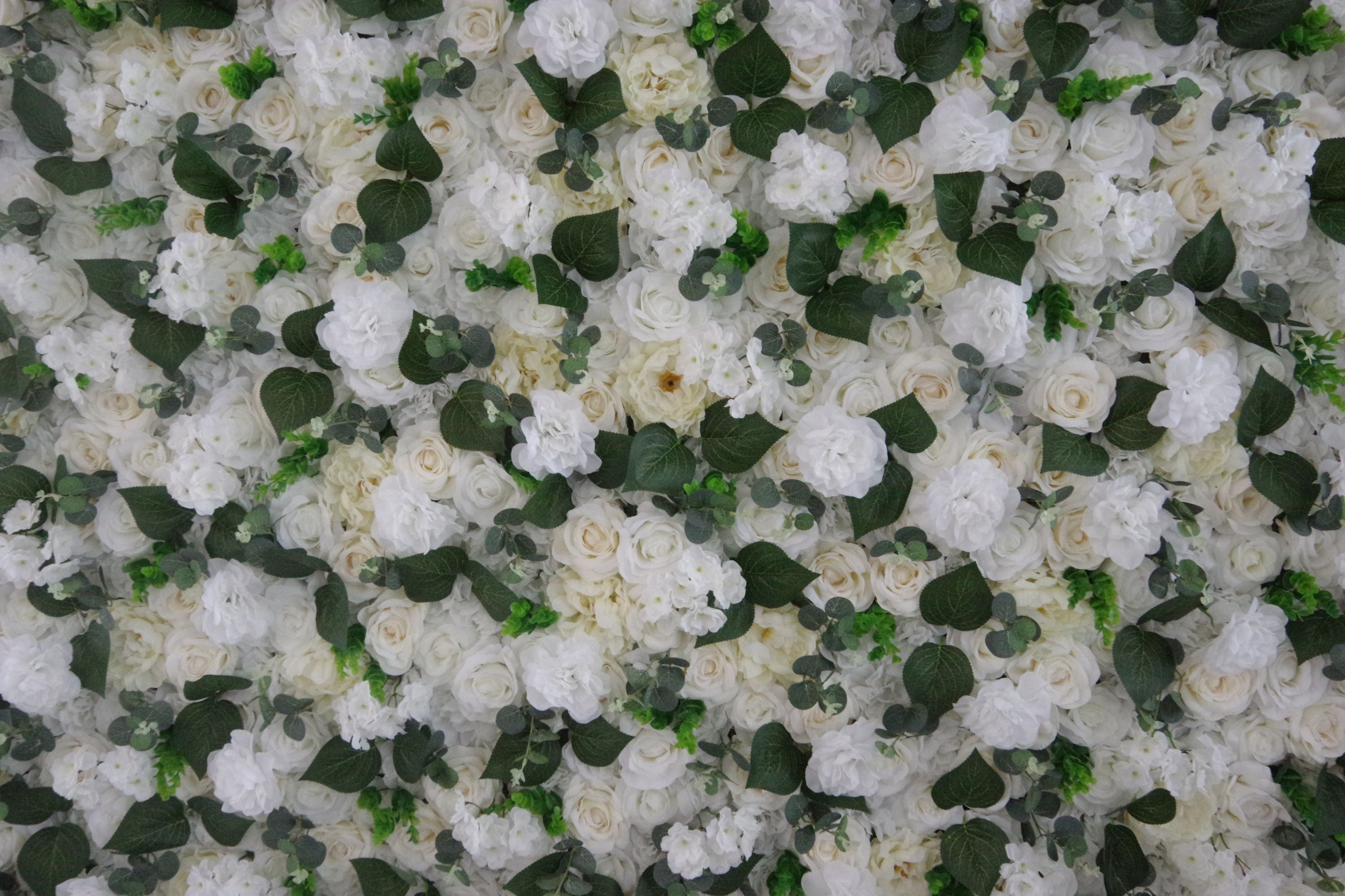 8x8ft White Rose Green Leaves Fabric Hanging Floral Wall AAFW-113