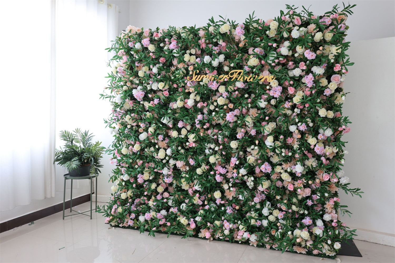 5D Pink Rose Green Leaf Flower Wall Roll Up Fabric Backdrop AAFW-119