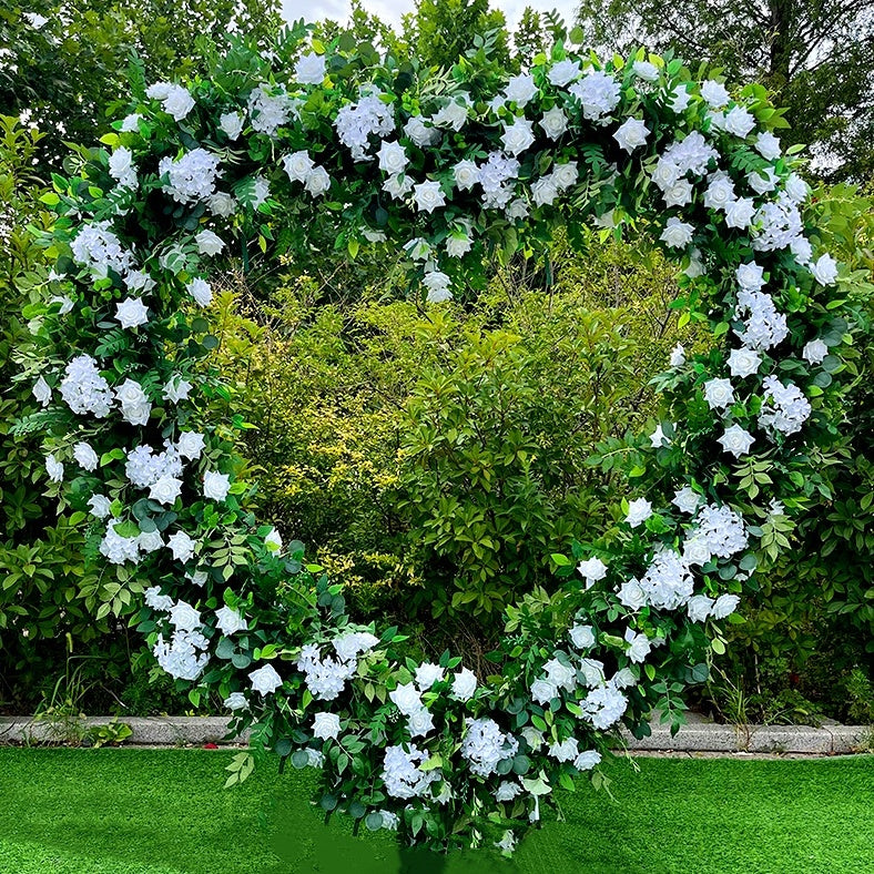 Green Leaves and White Fabric Rose Heart Shaped Arch Wedding Flower Wall ABAW-003
