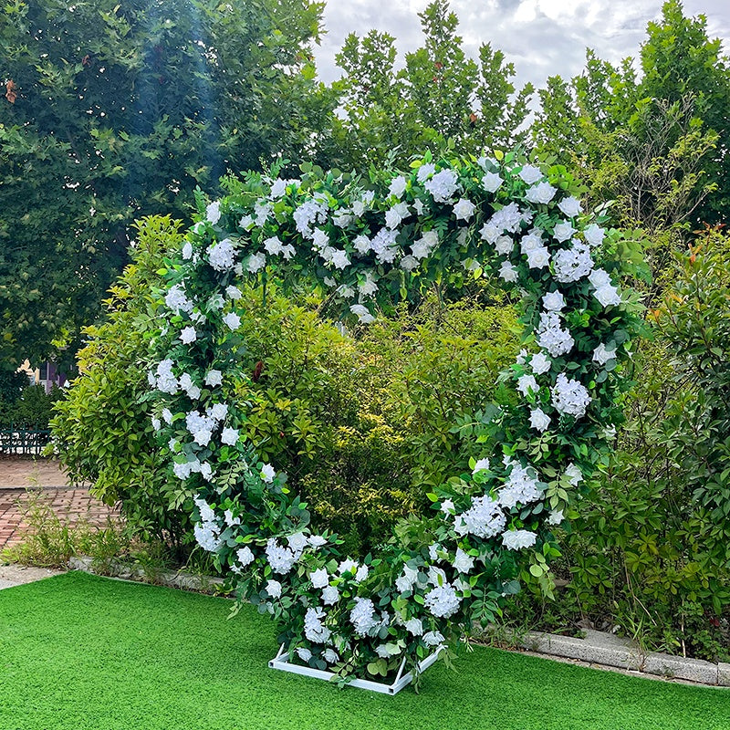 Green Leaves and White Fabric Rose Heart Shaped Arch Flower Wall ABAW-003