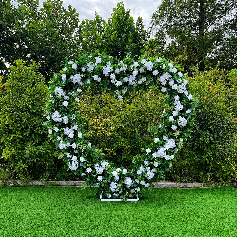 Green Leaves and White Fabric Rose Heart Shaped Arch Flower Wall ABAW-003