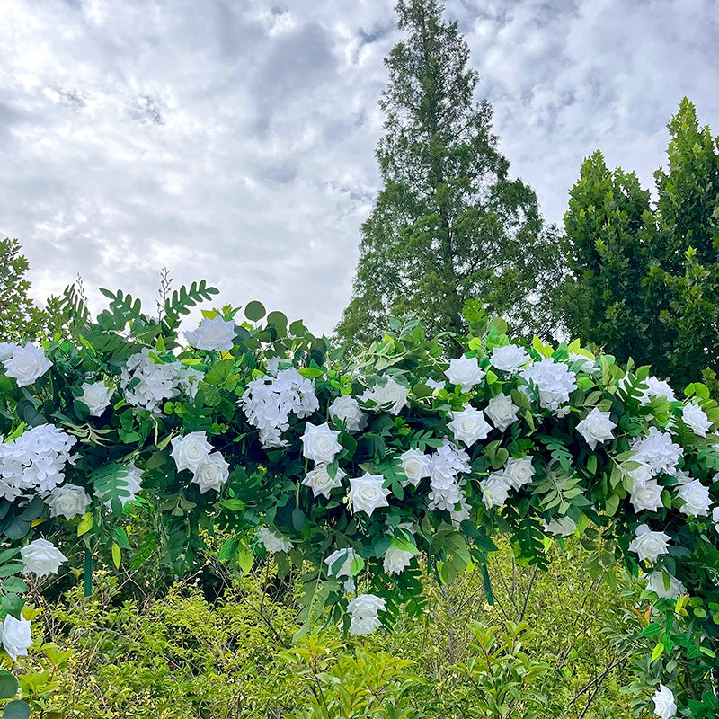 Green Leaves and White Fabric Rose Heart Shaped Arch Flower Wall ABAW-003