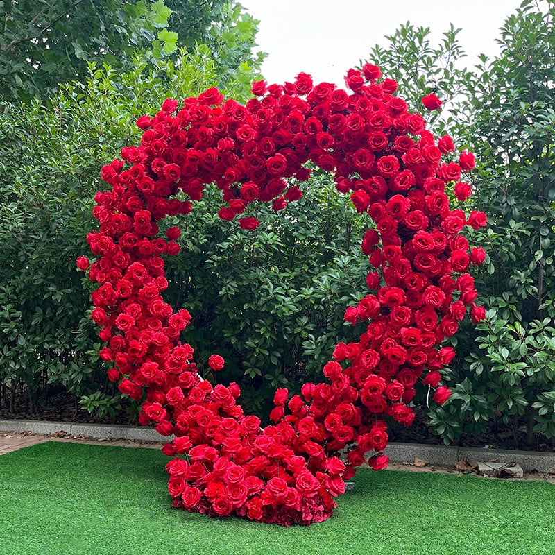 Flower Arch 6.5ft Red Roses Heart Shaped Floral Backdrop for Valentine's Day ABAW-012