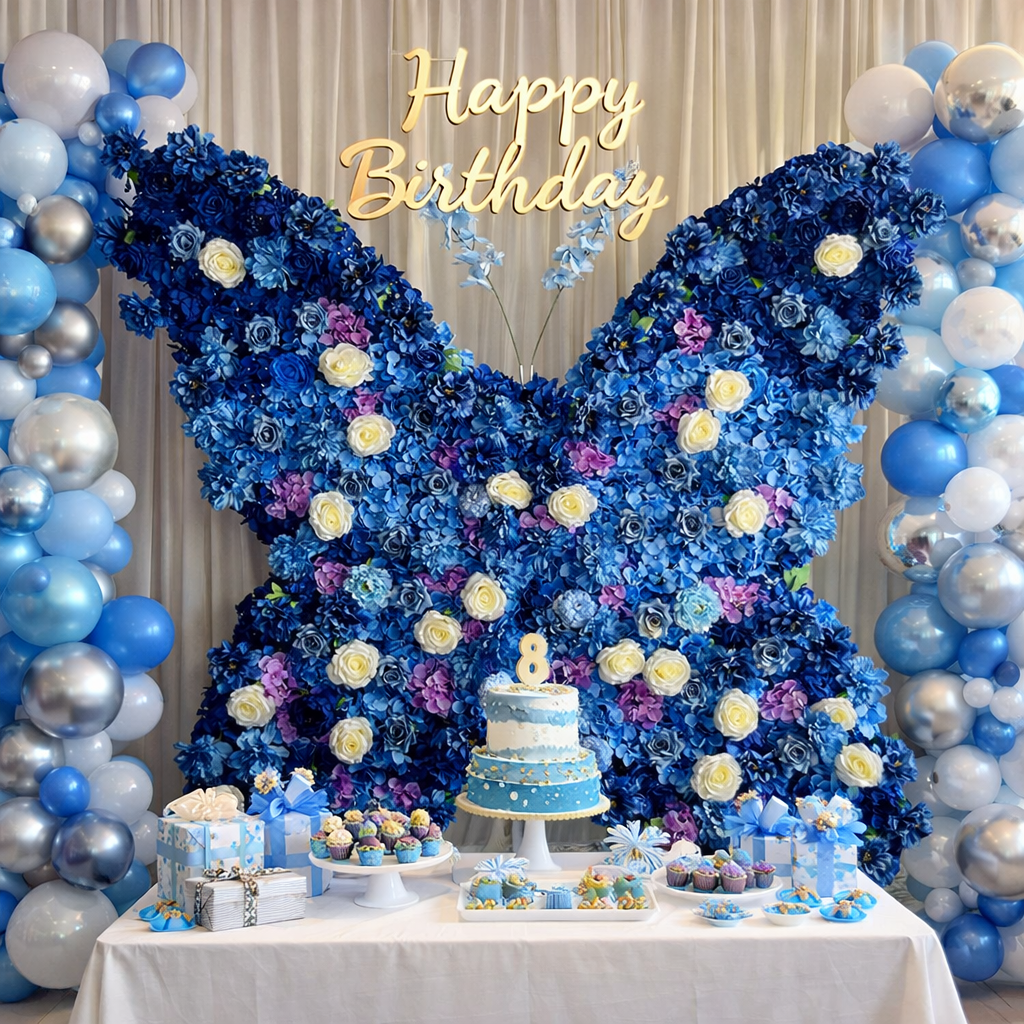 Blue Butterfly Flower Wall Backdrop for Baby Shower Birthday & Event Decor ABAW-070