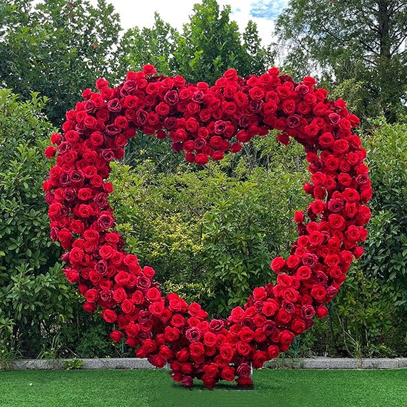 Flower Arch 6.5ft Red Roses Heart Shaped Floral Backdrop for Valentine's Day ABAW-012