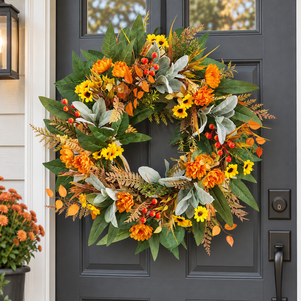Autumn Front Door Wreath Orange Floral Decor ABDW-003