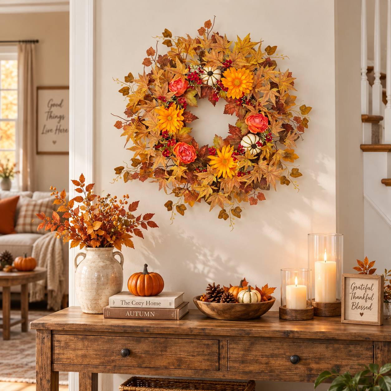 Fall Front Door Wreath Orange Floral Pumpkin Decor ABDW-004