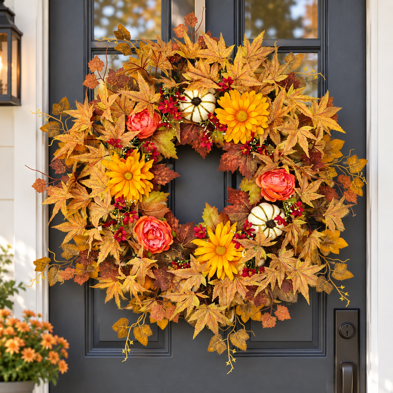 Fall Front Door Wreath Orange Floral Pumpkin Decor ABDW-004