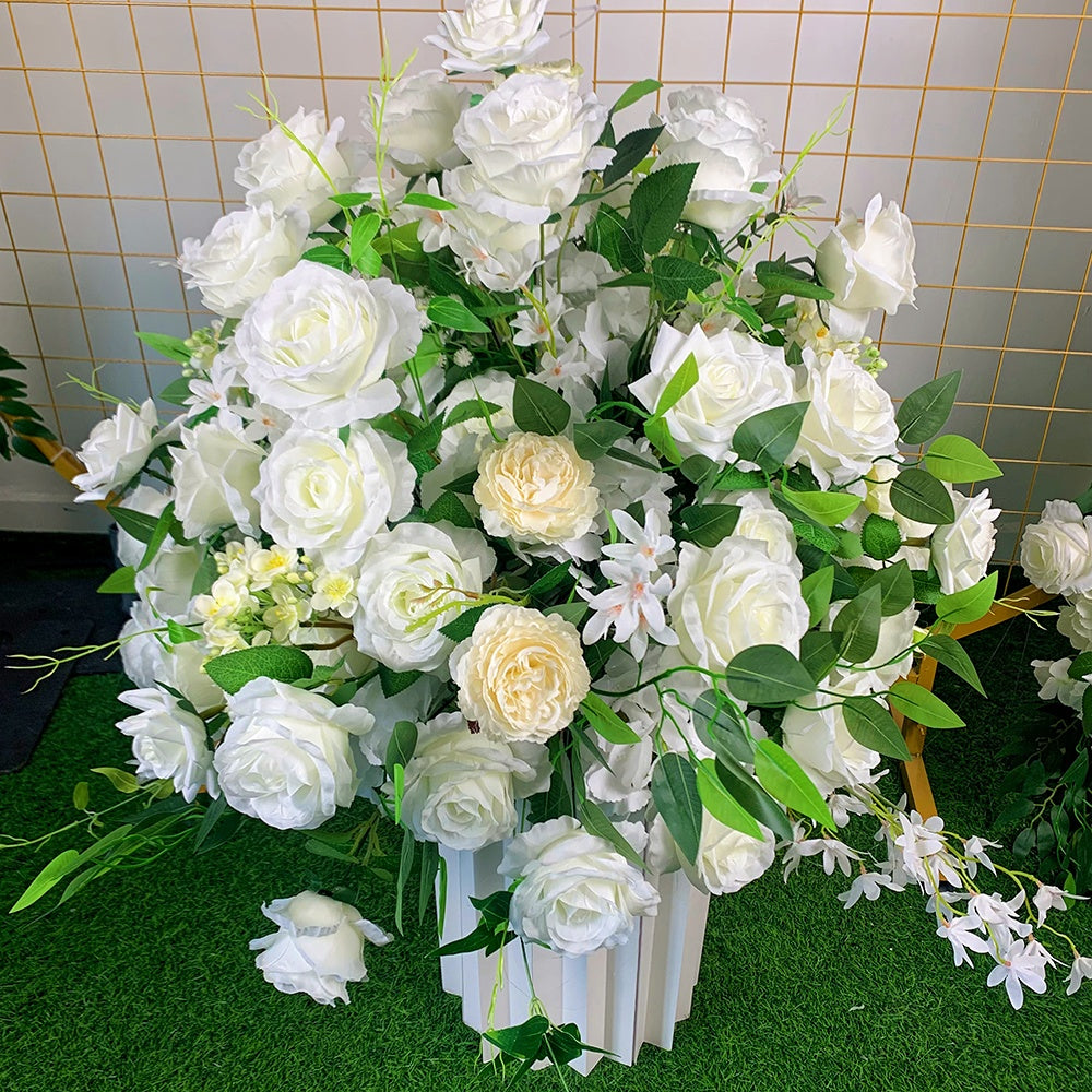 White Rose with Green Leaves Flower Centerpiece Wedding Table Decor ABFC-022