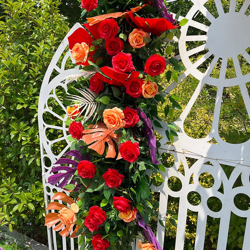 Red Rose with Greenery Wedding Table Decor Flower Runner Row ABFR-004