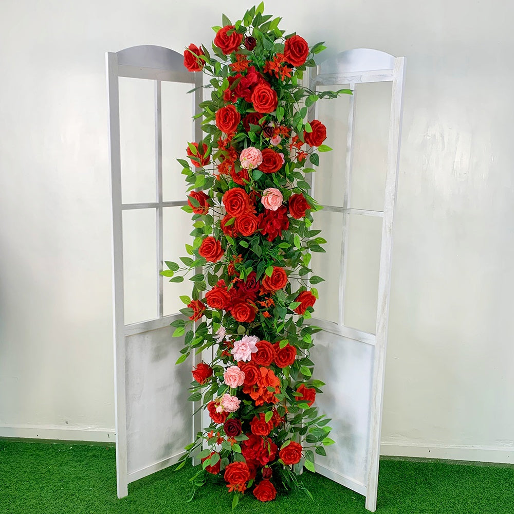 Red Silk Rose with Greenery Wedding Decor Flower Runner Flower Row ABFR-018