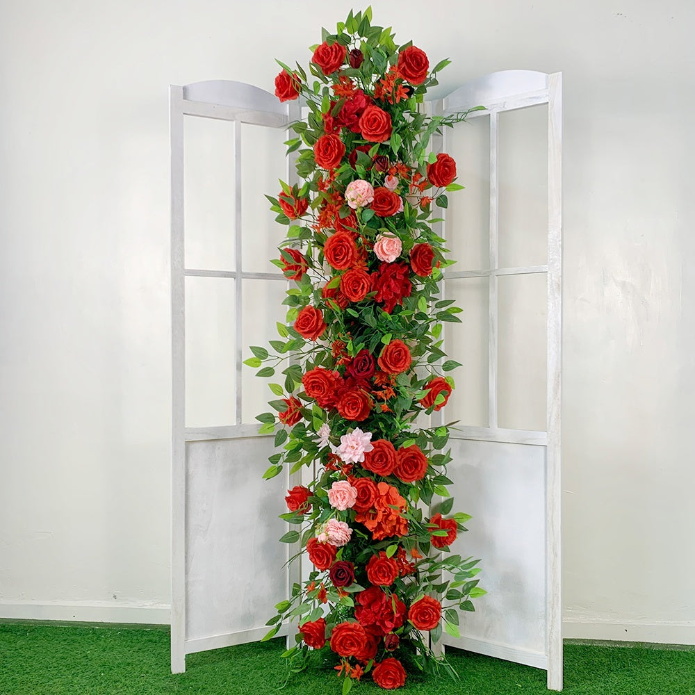Red Silk Rose with Greenery Wedding Decor Flower Runner Flower Row ABFR-018